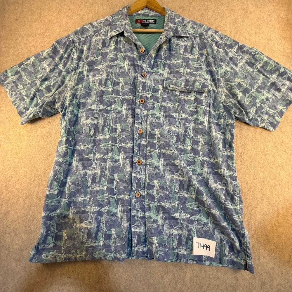 Reel Legends Mens XL‎ Fishing Shirt Blue Fish Print Short Sleeve Cotton Rayon